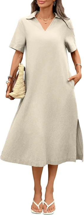 Women's Linen Midi Dress Loose Fit Collared V Neck Short Sleeve Slit Dresses with Pockets