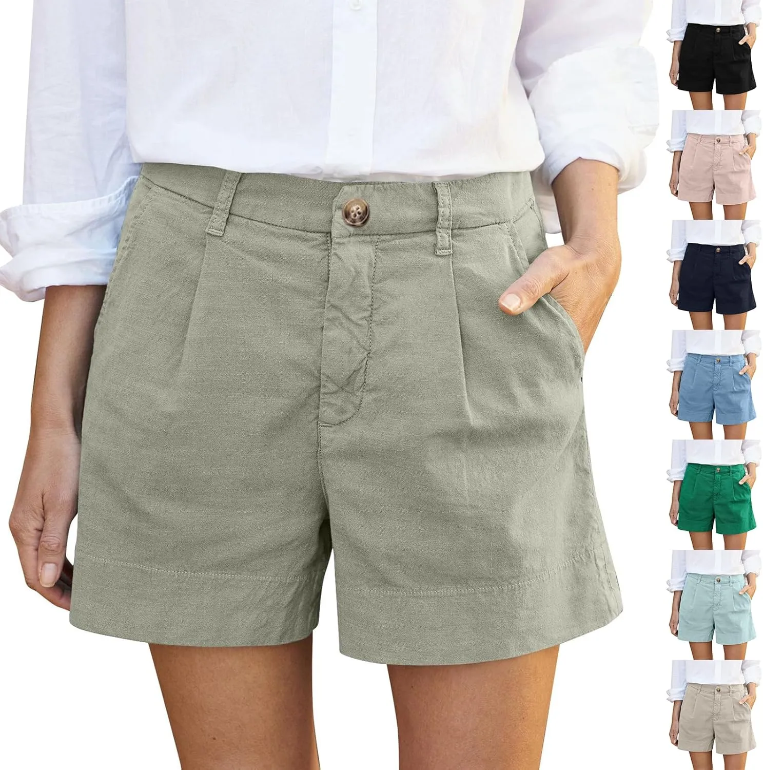 Womens Linen Shorts Casual Summer Lounge Shorts Lightweight Wide Leg Shorts with Pockets High Waisted Bermuda Shorts