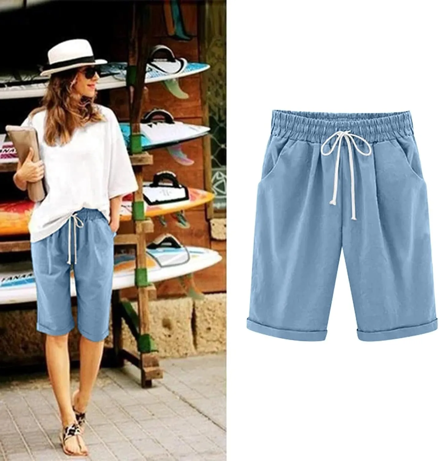 Womens Linen Shorts Casual Summer Womens Bermuda Linen Shorts Knee Length Elastic Waist Drawstring Beach Pants