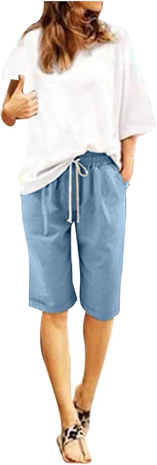 Womens Linen Shorts Casual Summer Womens Bermuda Linen Shorts Knee Length Elastic Waist Drawstring Beach Pants