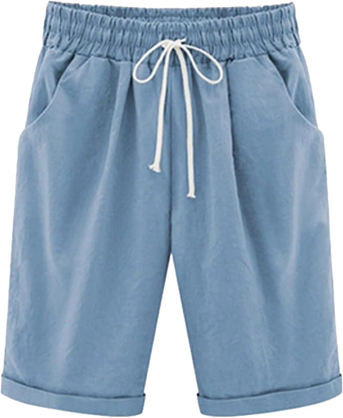 Womens Linen Shorts Casual Summer Womens Bermuda Linen Shorts Knee Length Elastic Waist Drawstring Beach Pants