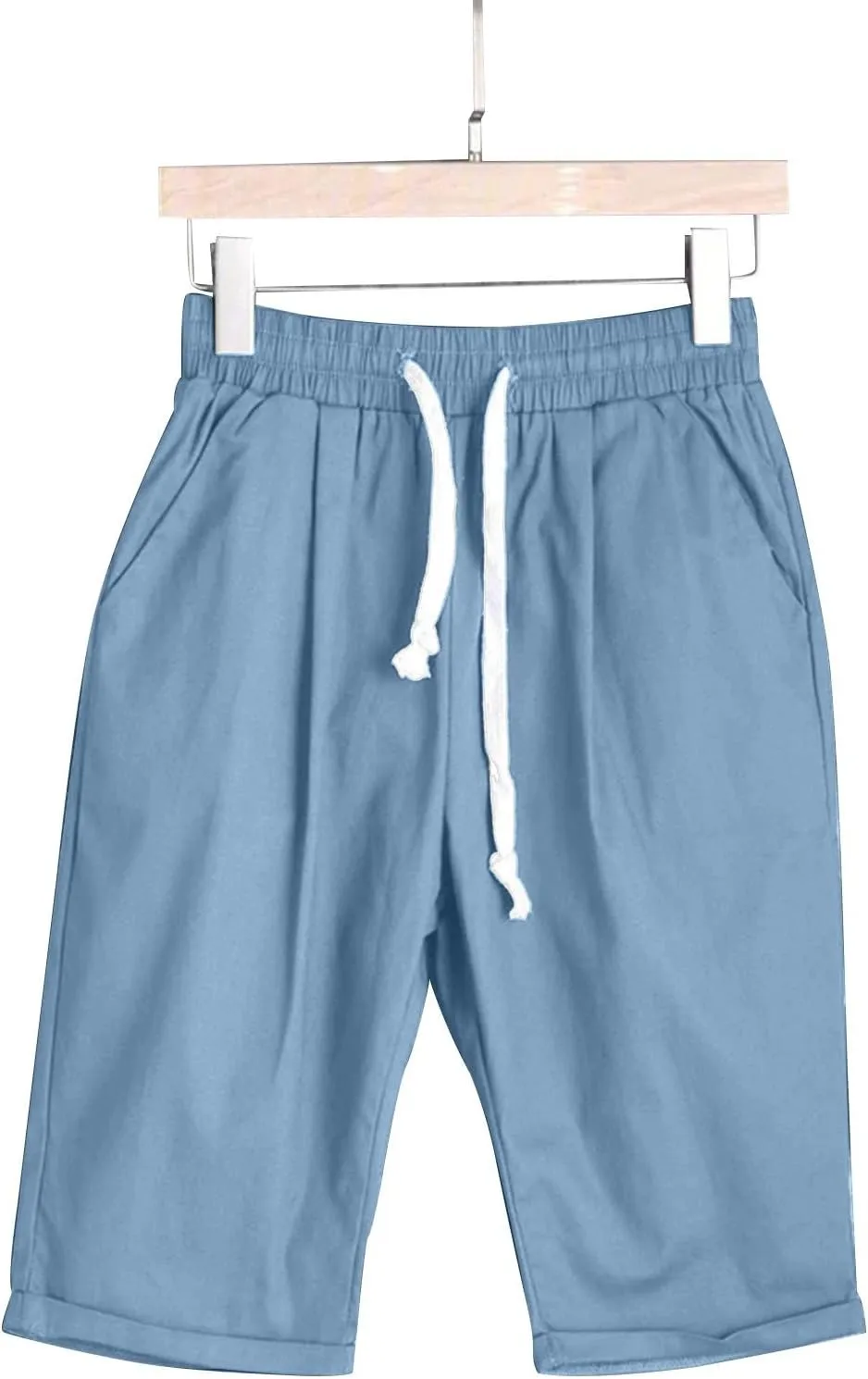 Womens Linen Shorts Casual Summer Womens Bermuda Linen Shorts Knee Length Elastic Waist Drawstring Beach Pants