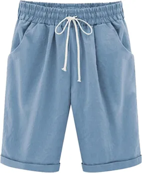Womens Linen Shorts Casual Summer Womens Bermuda Linen Shorts Knee Length Elastic Waist Drawstring Beach Pants