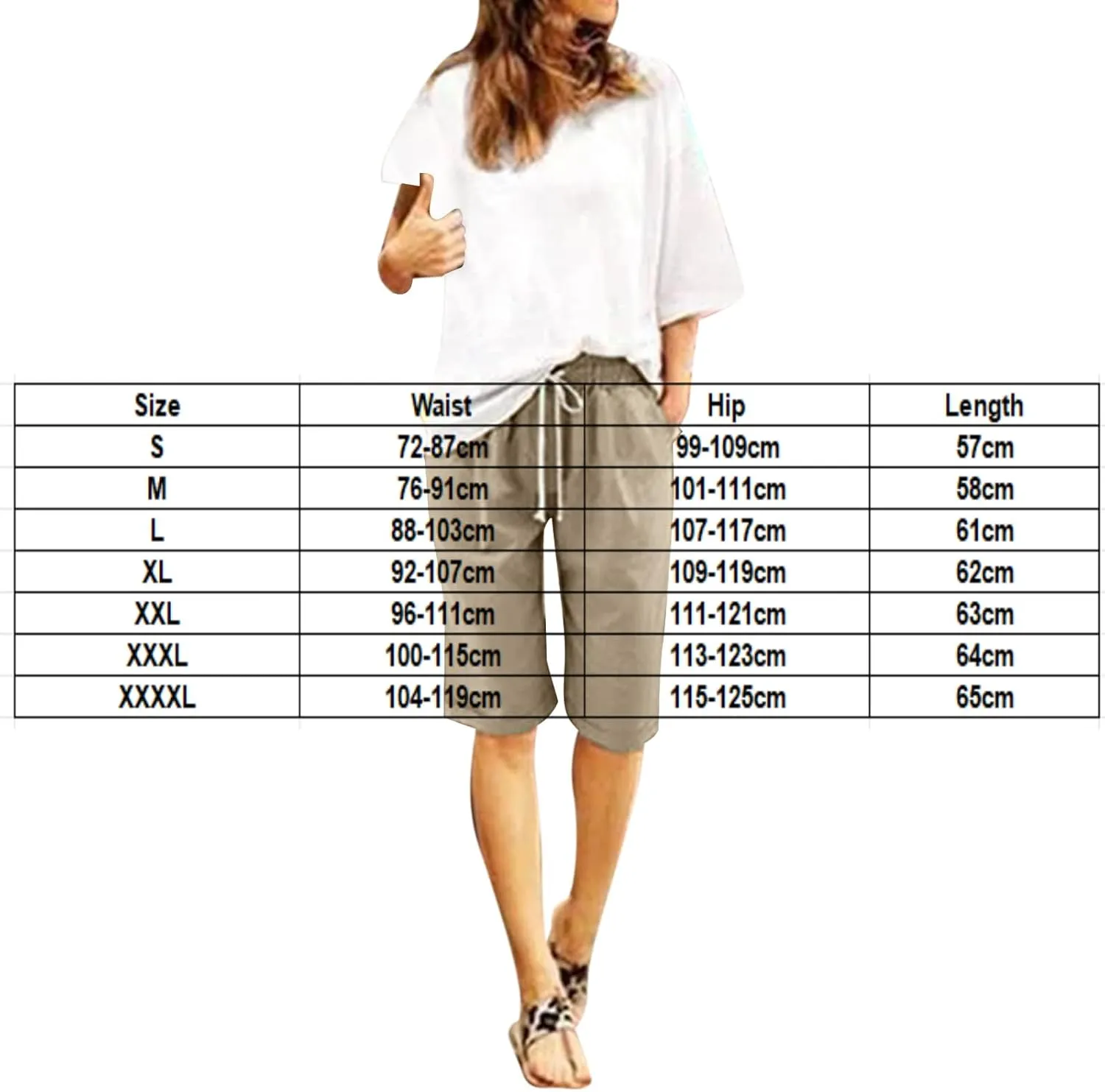 Womens Linen Shorts Casual Summer Womens Bermuda Linen Shorts Knee Length Elastic Waist Drawstring Beach Pants