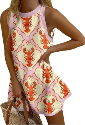 Womens Lobster Dresses Y2K Sleeveless Cute Graphic Lobster Fish Printed Dress Linen Summer Mini Tank Sundress