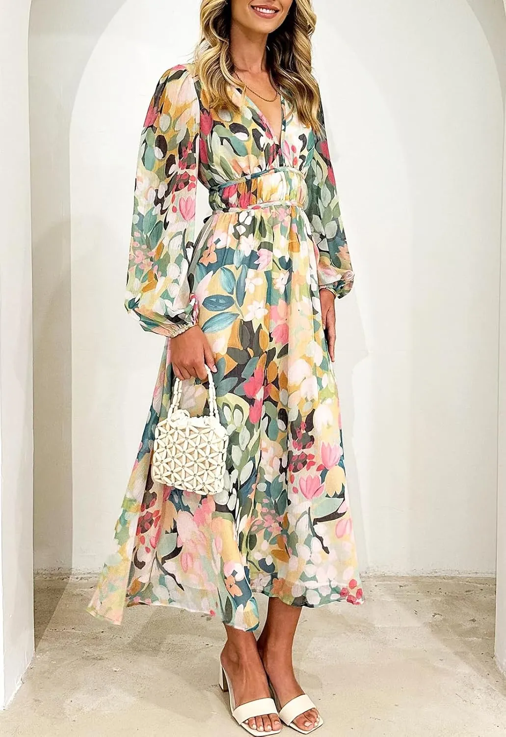 Women's Long Sleeve Floral Maxi Dress Summer Wedding Guest Dress