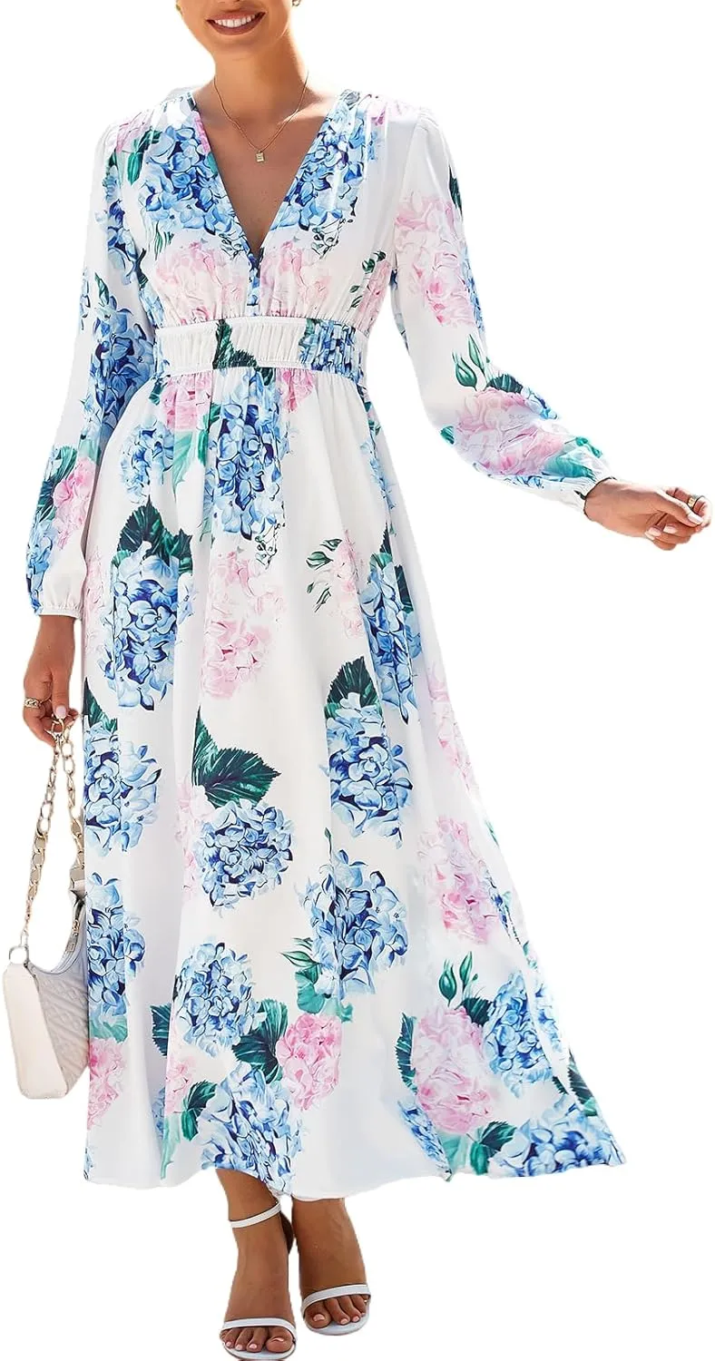 Women's Long Sleeve Floral Maxi Dress Summer Wedding Guest Dress