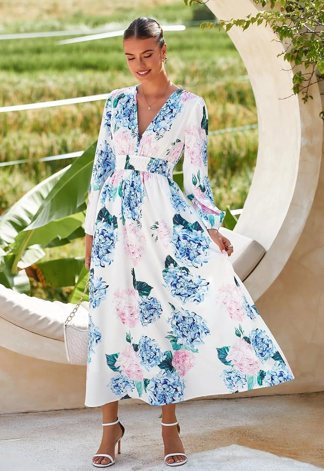 Women's Long Sleeve Floral Maxi Dress Summer Wedding Guest Dress