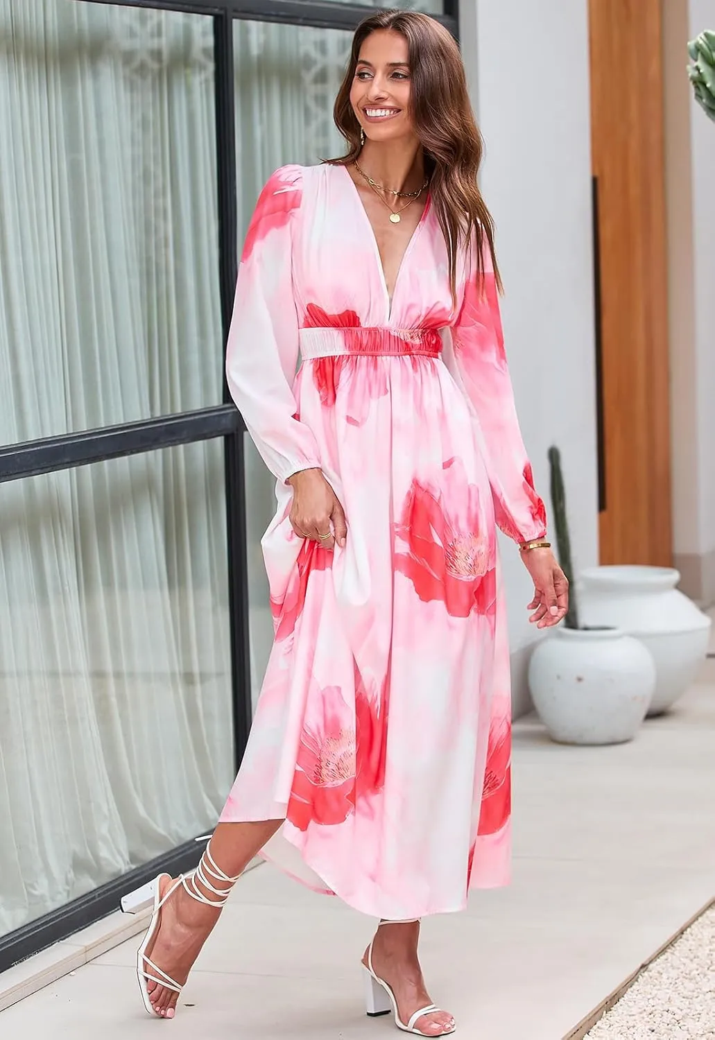 Women's Long Sleeve Floral Maxi Dress Summer Wedding Guest Dress