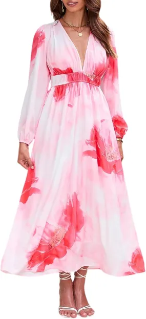 Women's Long Sleeve Floral Maxi Dress Summer Wedding Guest Dress