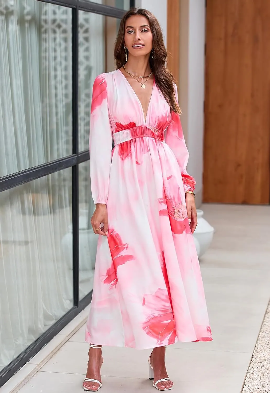 Women's Long Sleeve Floral Maxi Dress Summer Wedding Guest Dress