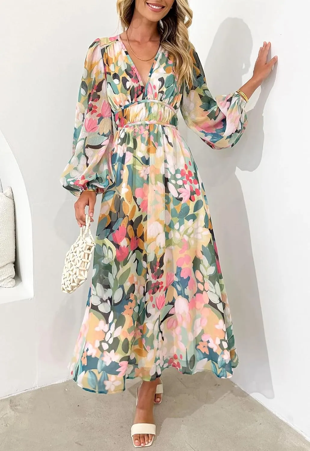 Women's Long Sleeve Floral Maxi Dress Summer Wedding Guest Dress