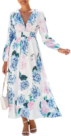Women's Long Sleeve Floral Maxi Dress Summer Wedding Guest Dress