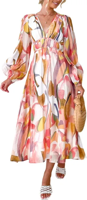 Women's Long Sleeve Floral Maxi Dress Summer Wedding Guest Dress