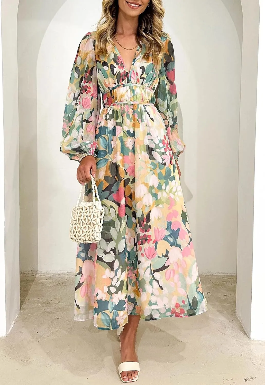 Women's Long Sleeve Floral Maxi Dress Summer Wedding Guest Dress