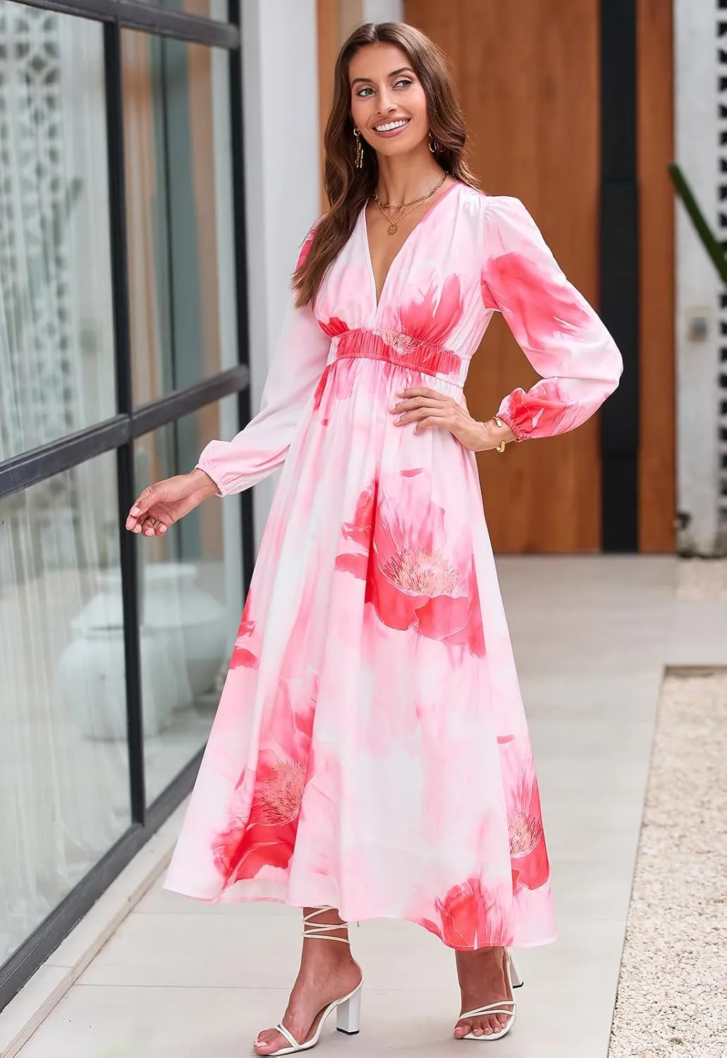 Women's Long Sleeve Floral Maxi Dress Summer Wedding Guest Dress