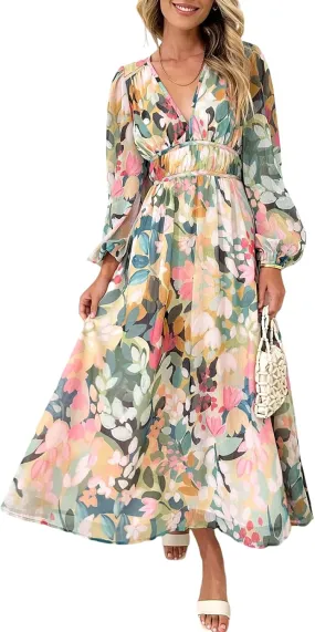 Women's Long Sleeve Floral Maxi Dress Summer Wedding Guest Dress