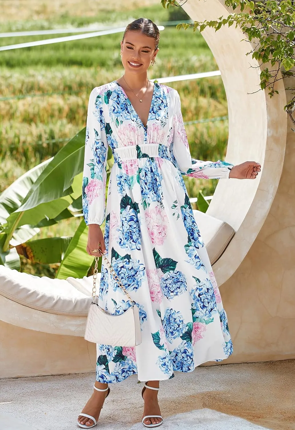 Women's Long Sleeve Floral Maxi Dress Summer Wedding Guest Dress