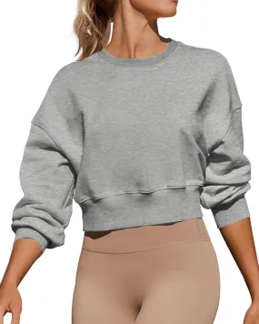 Women's Long Sleeve Round Neck Cropped Sweatshirts Cute Loose Fit Pullover Tops