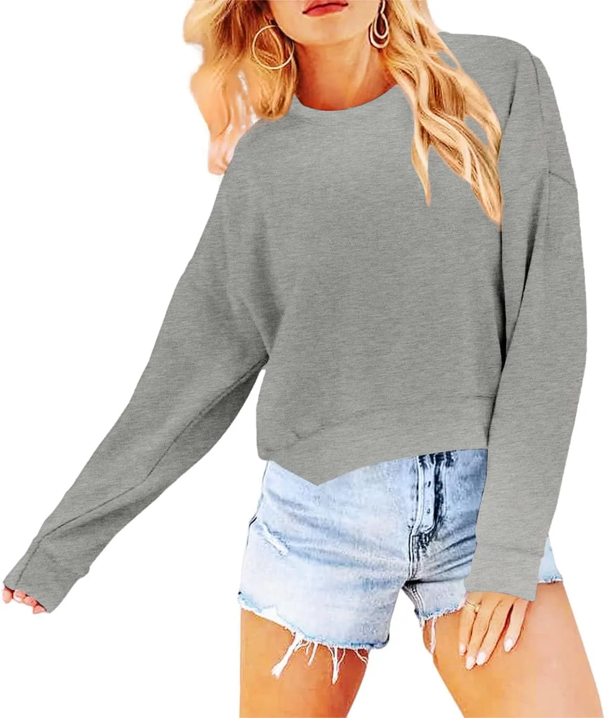 Women's Long Sleeve Round Neck Cropped Sweatshirts Cute Loose Fit Pullover Tops