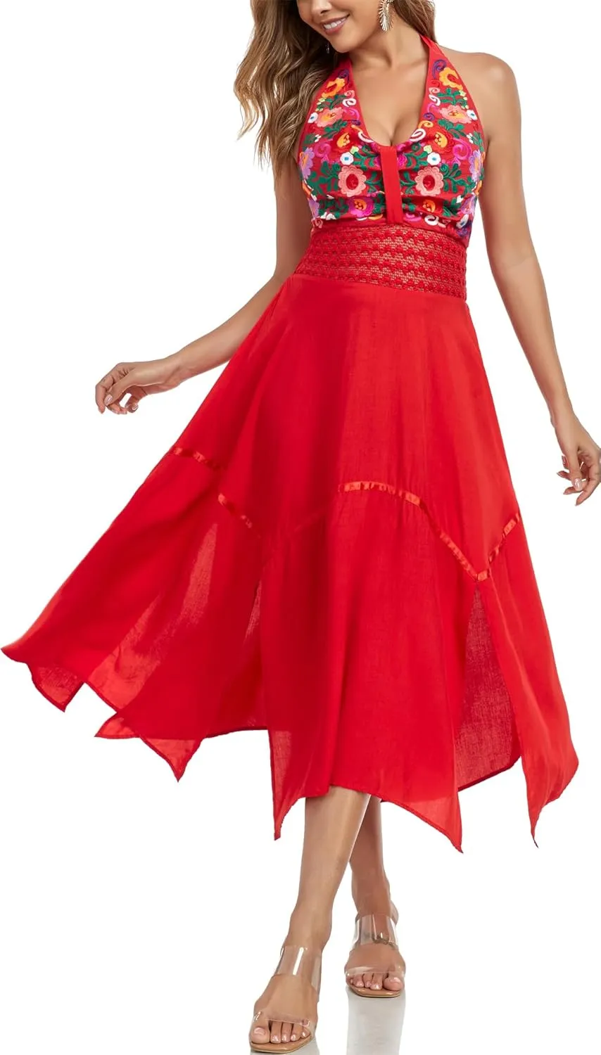Women's Mexican Dress Flowy Dresses Embroidered Halter Off Shoulder Sexy Maxi Cocktail Dresses