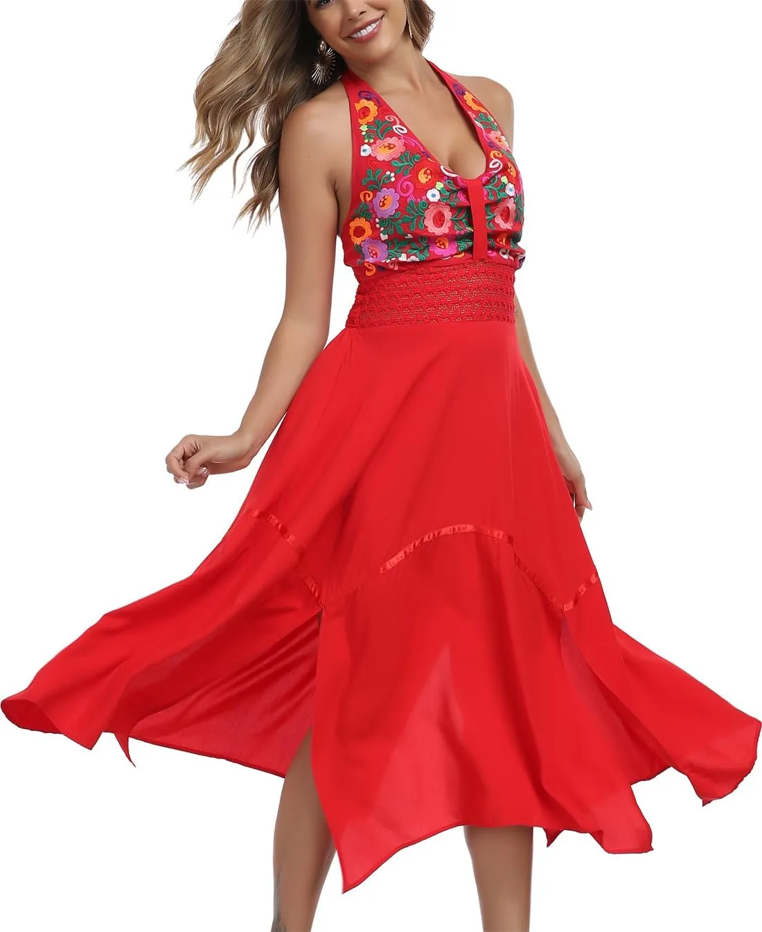 Women's Mexican Dress Flowy Dresses Embroidered Halter Off Shoulder Sexy Maxi Cocktail Dresses
