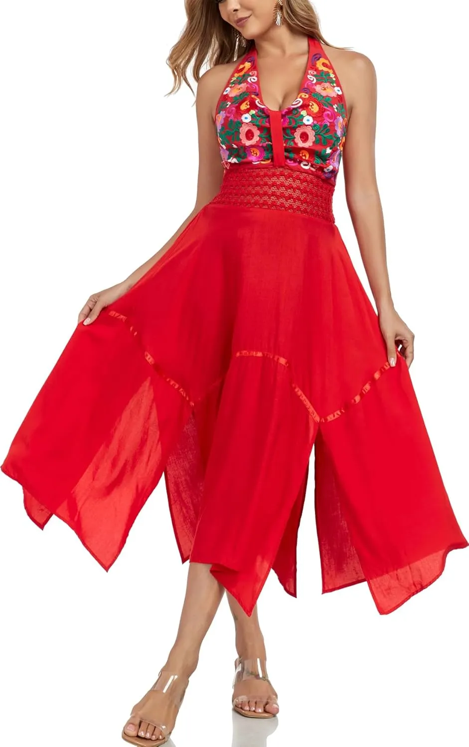 Women's Mexican Dress Flowy Dresses Embroidered Halter Off Shoulder Sexy Maxi Cocktail Dresses