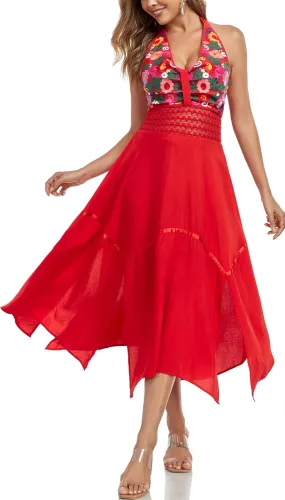 Women's Mexican Dress Flowy Dresses Embroidered Halter Off Shoulder Sexy Maxi Cocktail Dresses