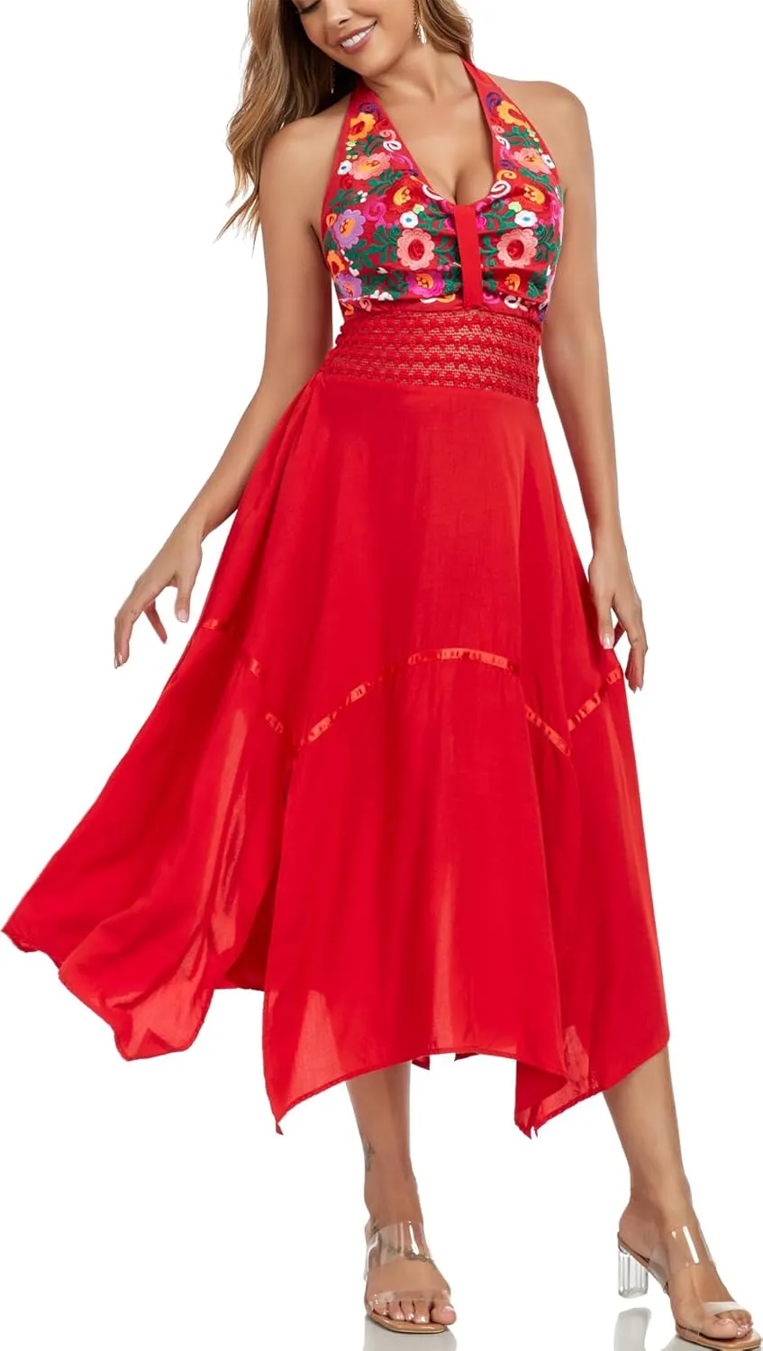 Women's Mexican Dress Flowy Dresses Embroidered Halter Off Shoulder Sexy Maxi Cocktail Dresses
