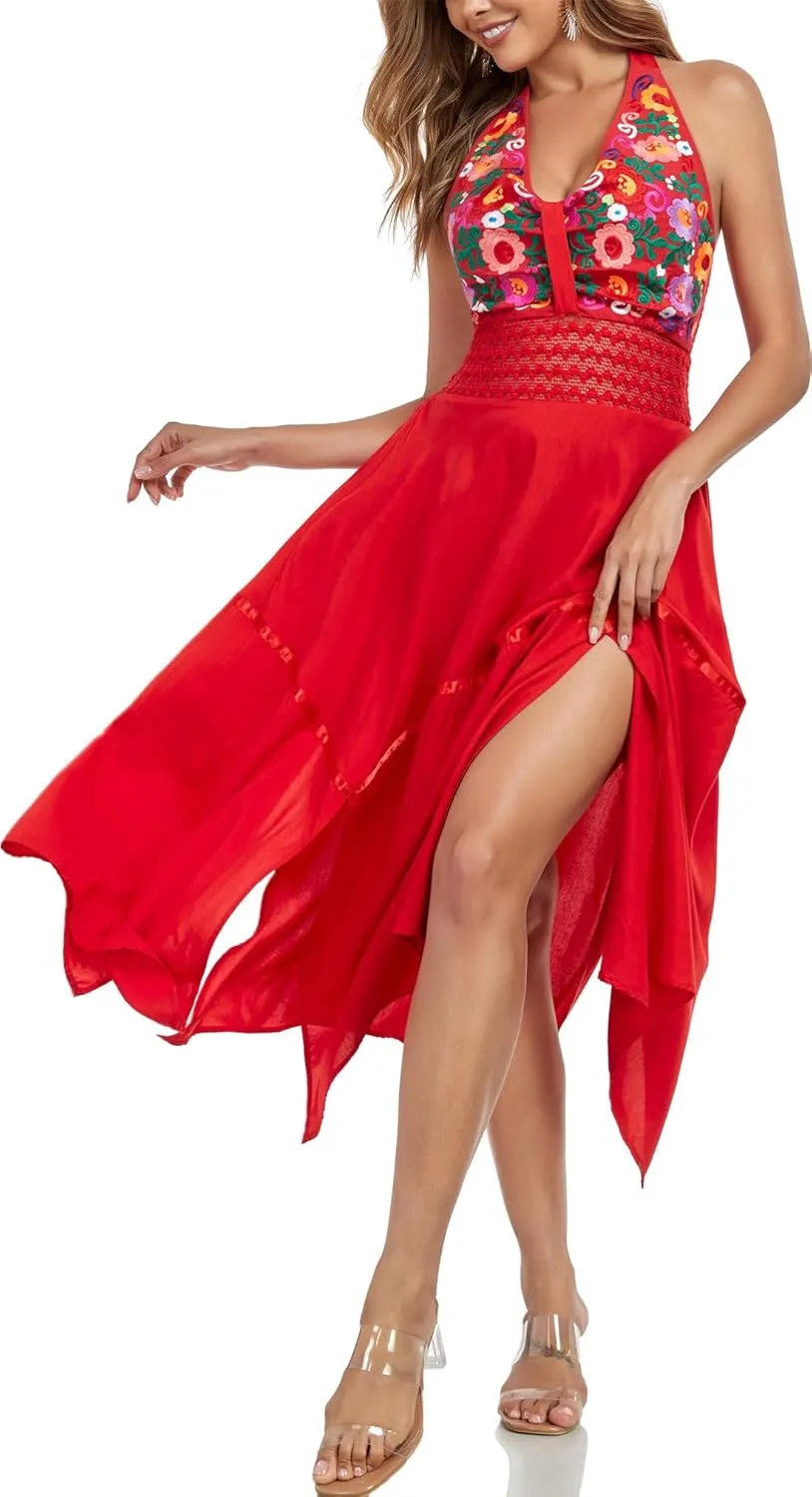 Women's Mexican Dress Flowy Dresses Embroidered Halter Off Shoulder Sexy Maxi Cocktail Dresses