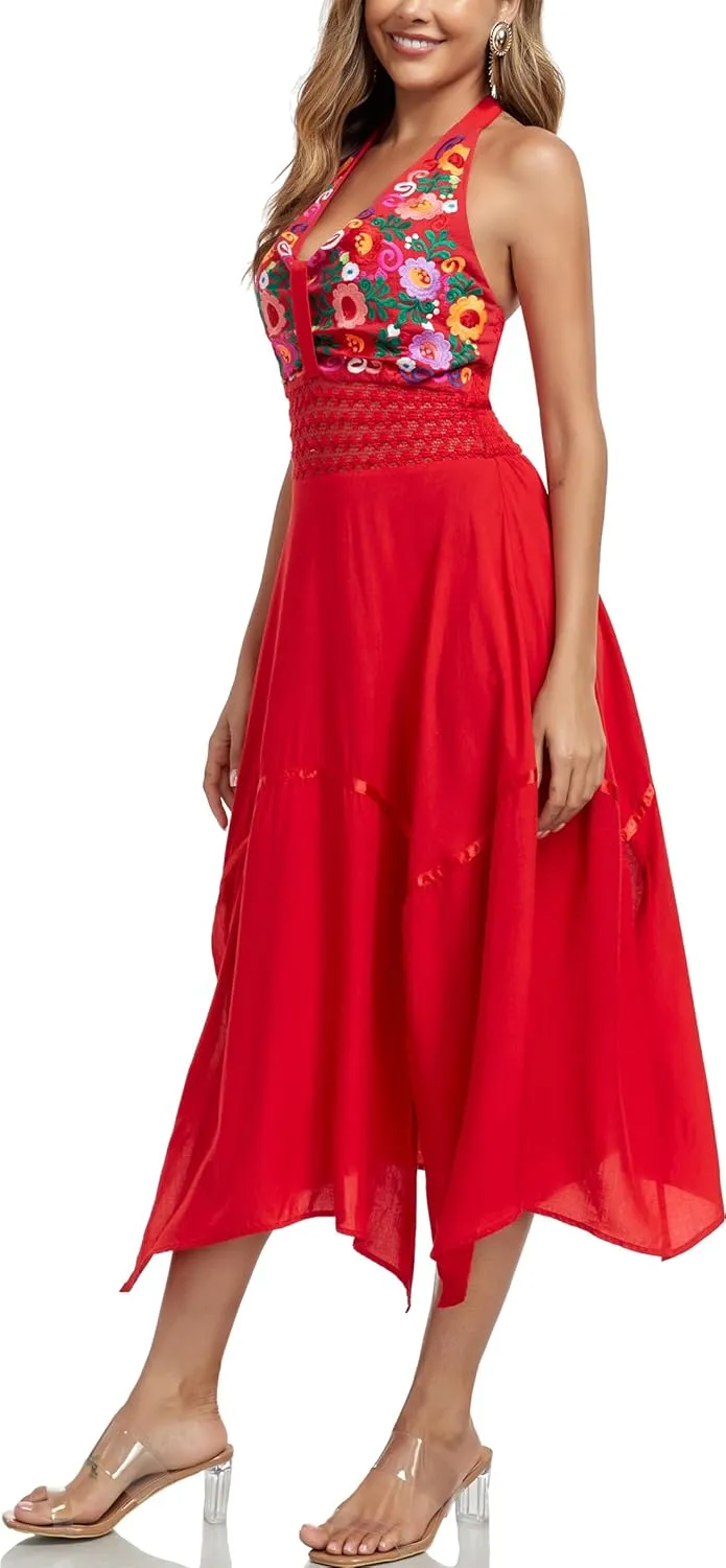 Women's Mexican Dress Flowy Dresses Embroidered Halter Off Shoulder Sexy Maxi Cocktail Dresses