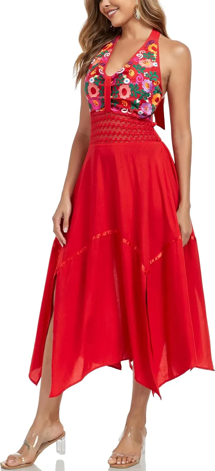 Women's Mexican Dress Flowy Dresses Embroidered Halter Off Shoulder Sexy Maxi Cocktail Dresses