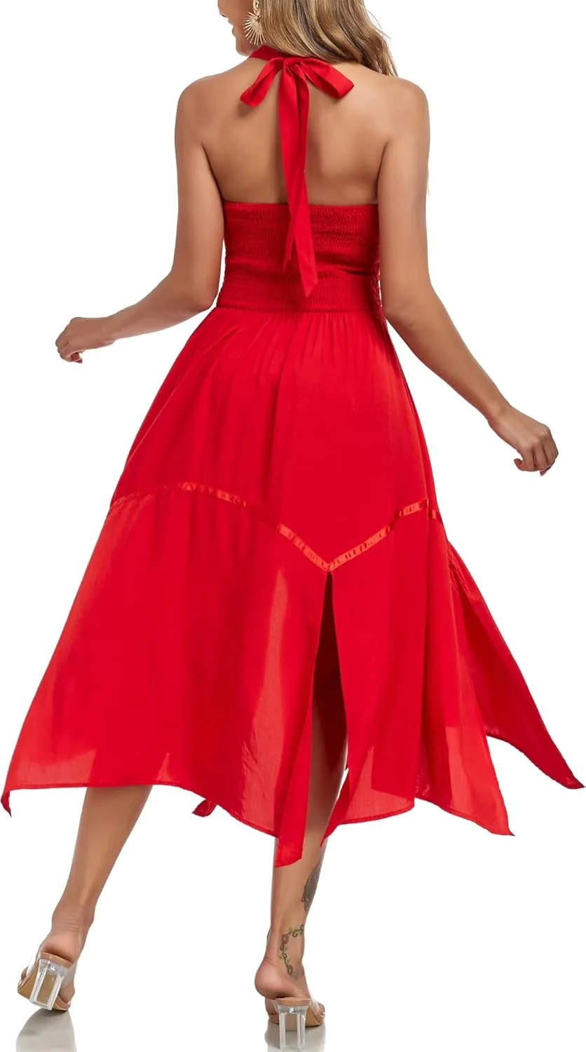 Women's Mexican Dress Flowy Dresses Embroidered Halter Off Shoulder Sexy Maxi Cocktail Dresses