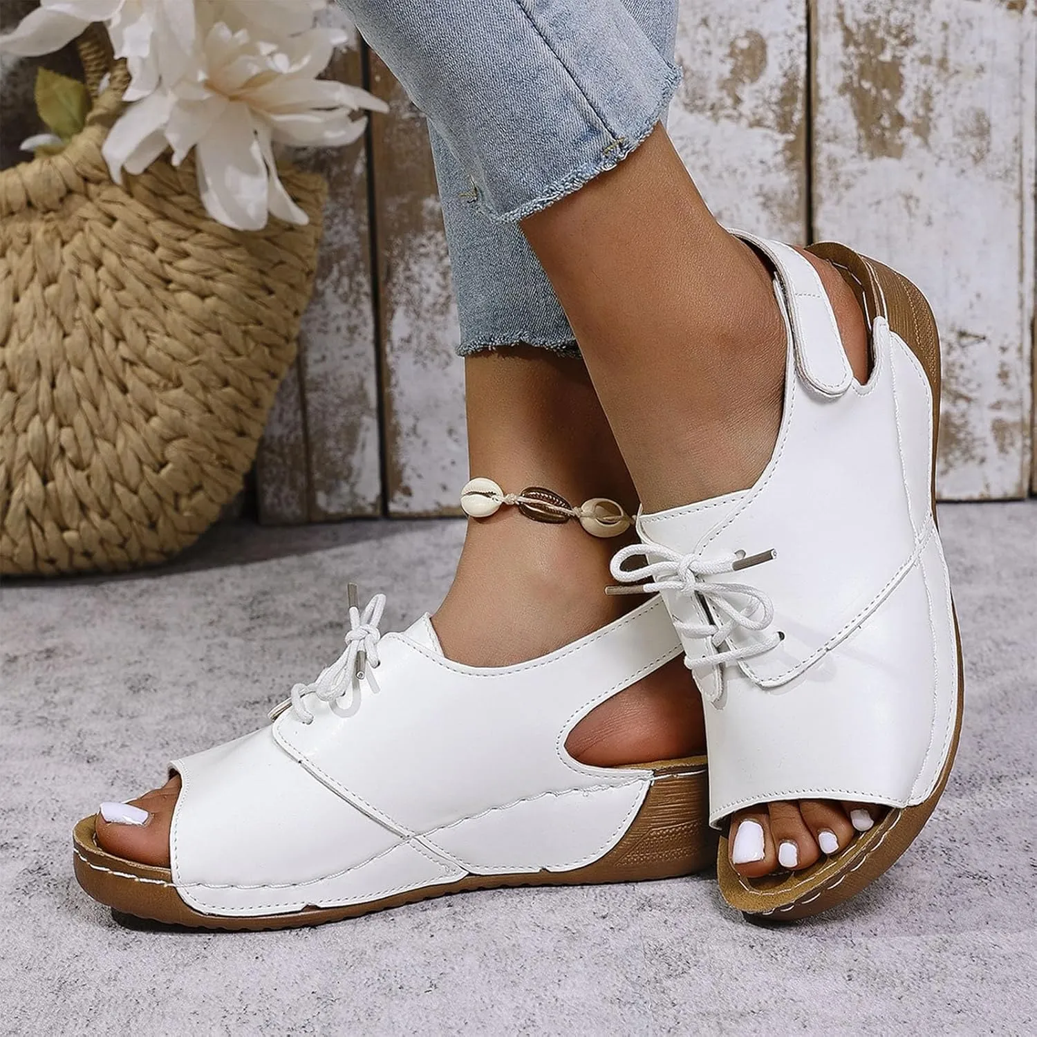 Womens Open Toe Lace Up Sneakers Arch Support Orthotic Walking Sandals Dressy Casual Summer Shoes Vintage Sandal New