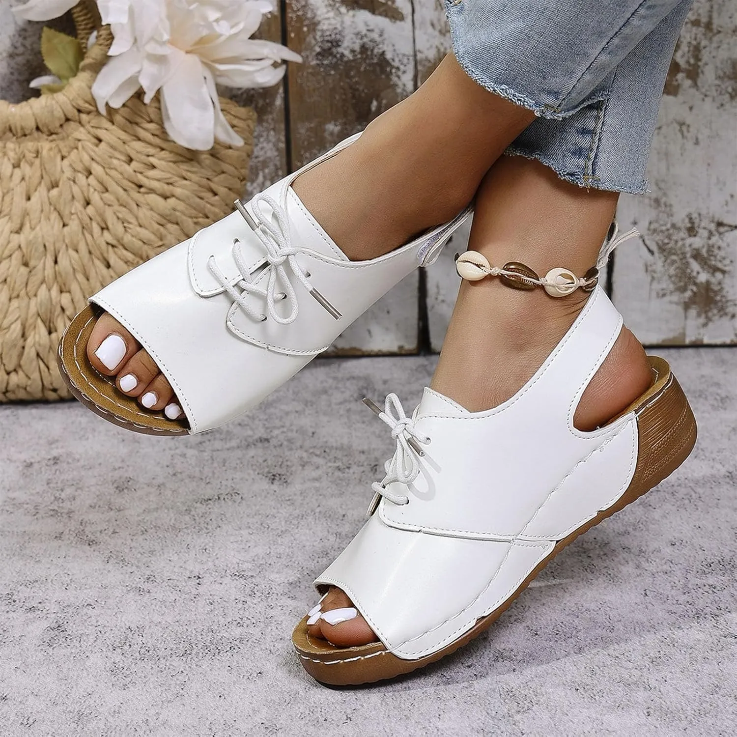 Womens Open Toe Lace Up Sneakers Arch Support Orthotic Walking Sandals Dressy Casual Summer Shoes Vintage Sandal New