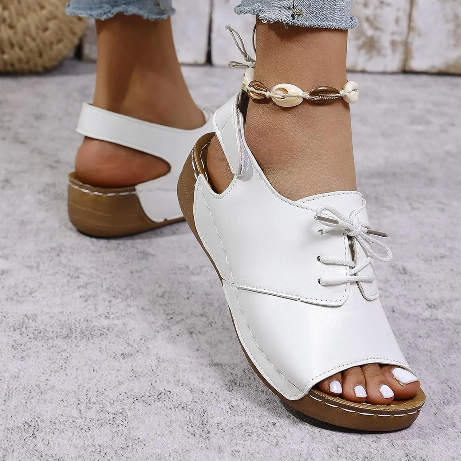 Womens Open Toe Lace Up Sneakers Arch Support Orthotic Walking Sandals Dressy Casual Summer Shoes Vintage Sandal New