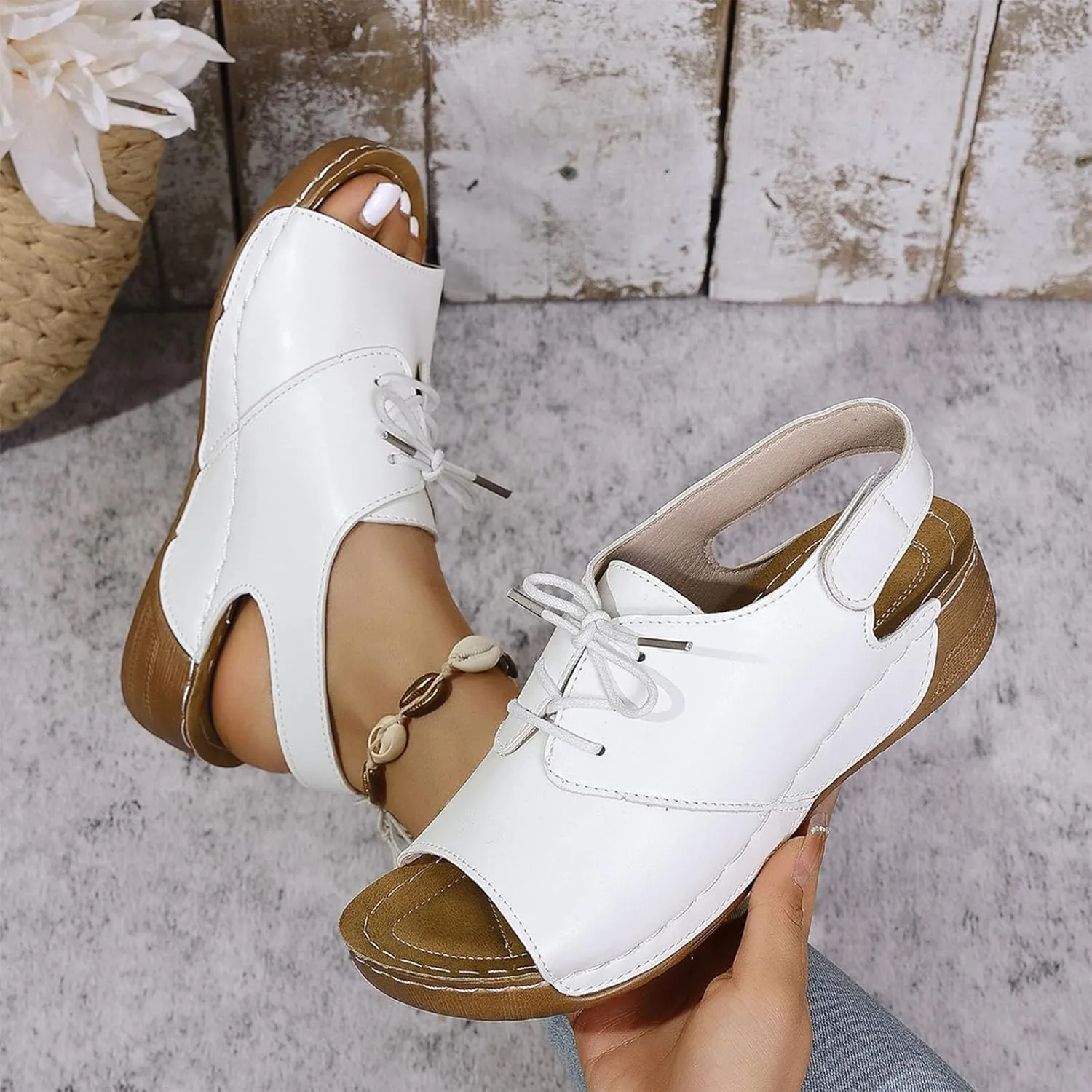 Womens Open Toe Lace Up Sneakers Arch Support Orthotic Walking Sandals Dressy Casual Summer Shoes Vintage Sandal New