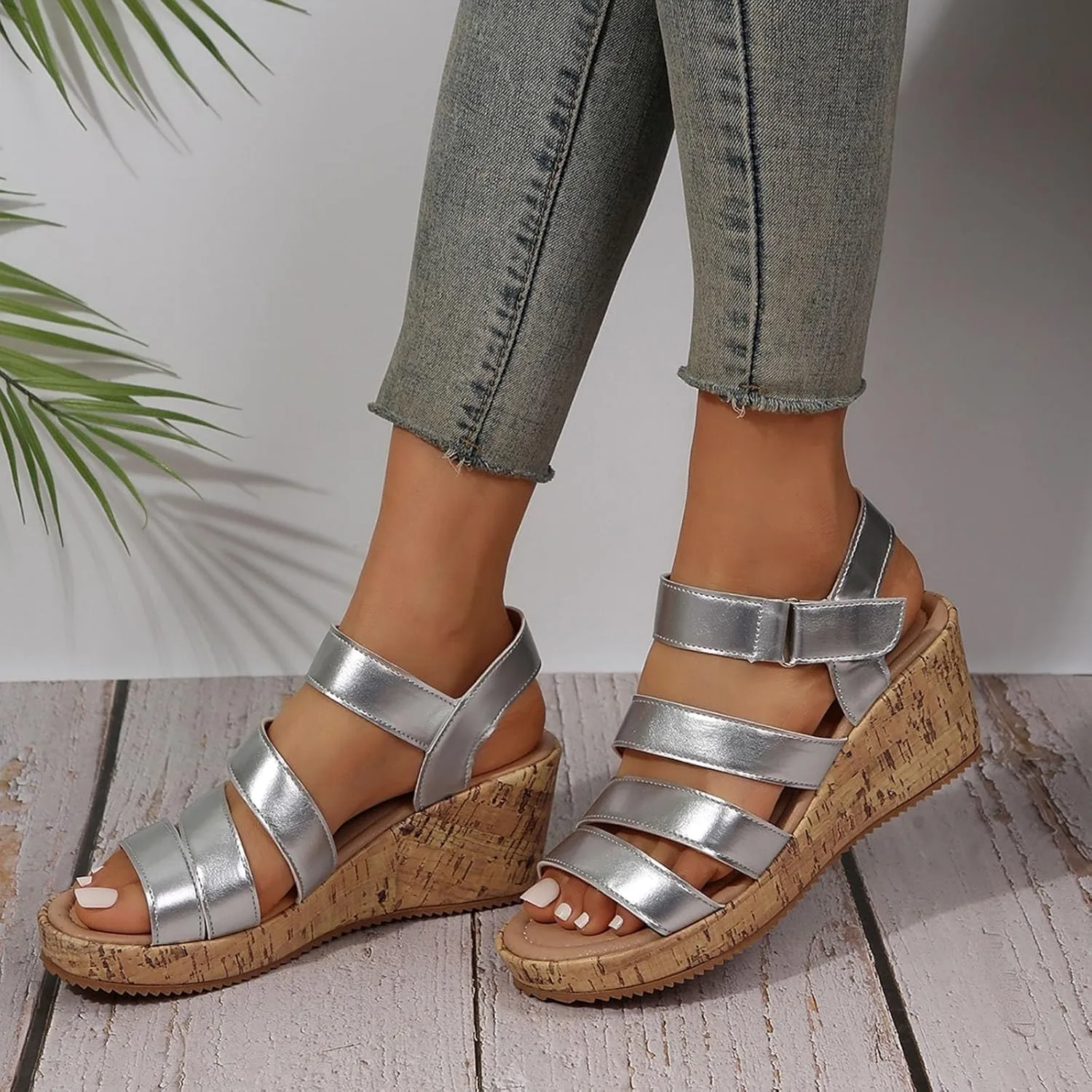 Womens Open Toe Sandals Comfortable Summer Wedge Shoes Non-Slip Ankle Strap Buckle Wedge Sandals Beach Shoes