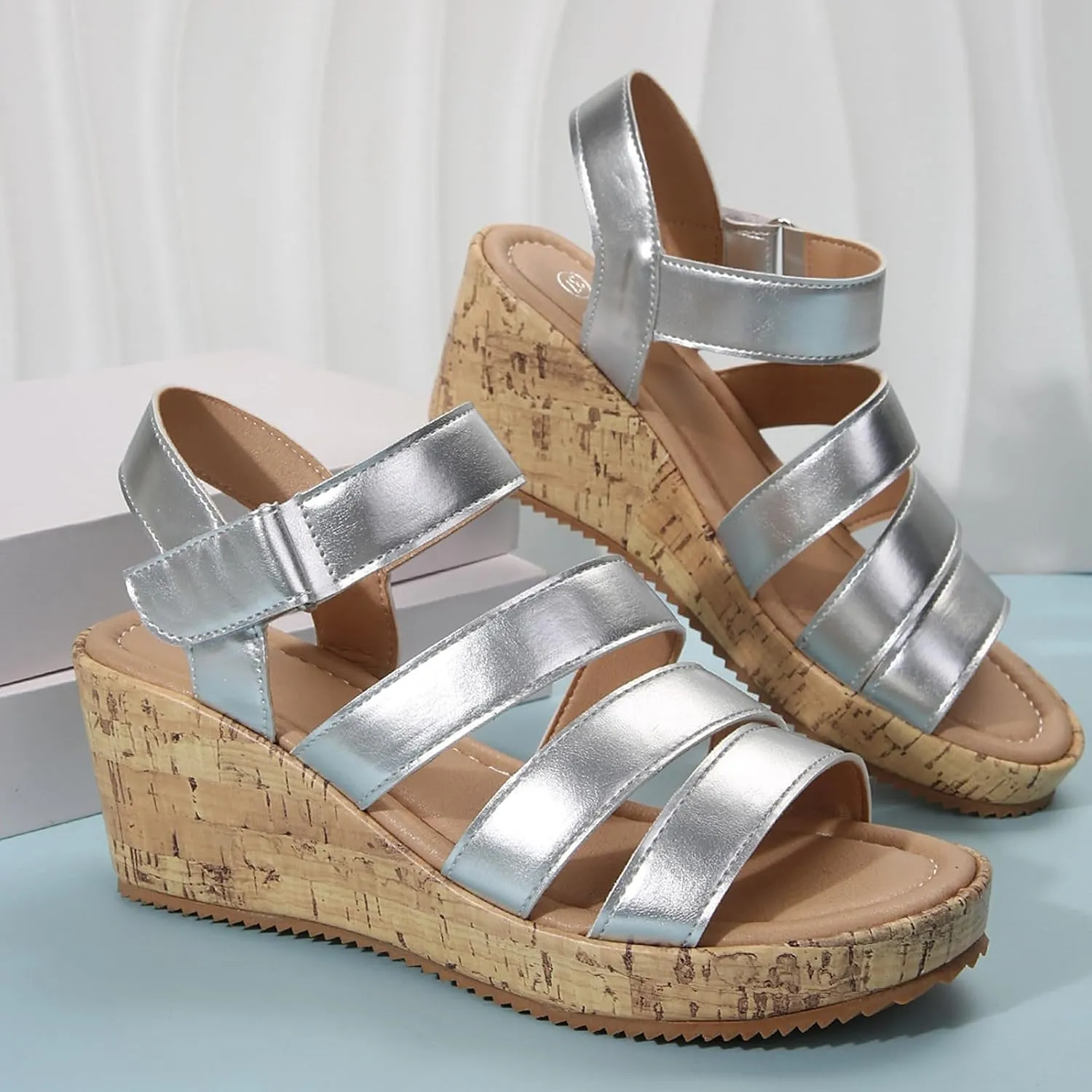 Womens Open Toe Sandals Comfortable Summer Wedge Shoes Non-Slip Ankle Strap Buckle Wedge Sandals Beach Shoes