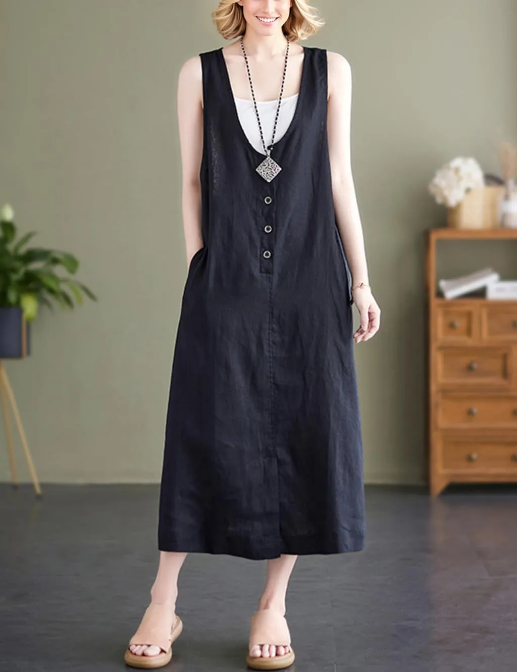 Women's Oversized Maxi Dress Sleeveless Loose Solid Color Cotton V-Neck Tank Dresses with Pockets