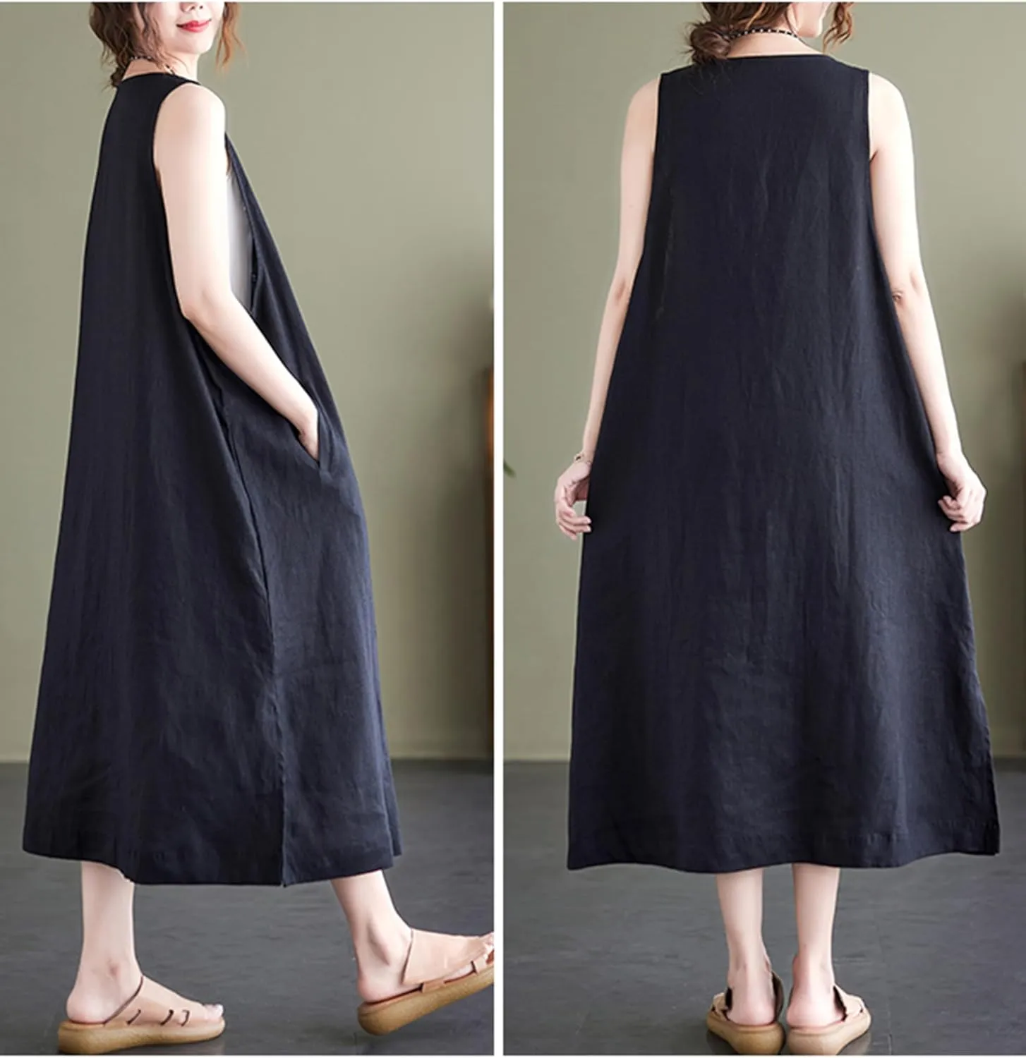 Women's Oversized Maxi Dress Sleeveless Loose Solid Color Cotton V-Neck Tank Dresses with Pockets