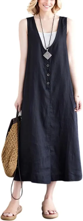 Women's Oversized Maxi Dress Sleeveless Loose Solid Color Cotton V-Neck Tank Dresses with Pockets