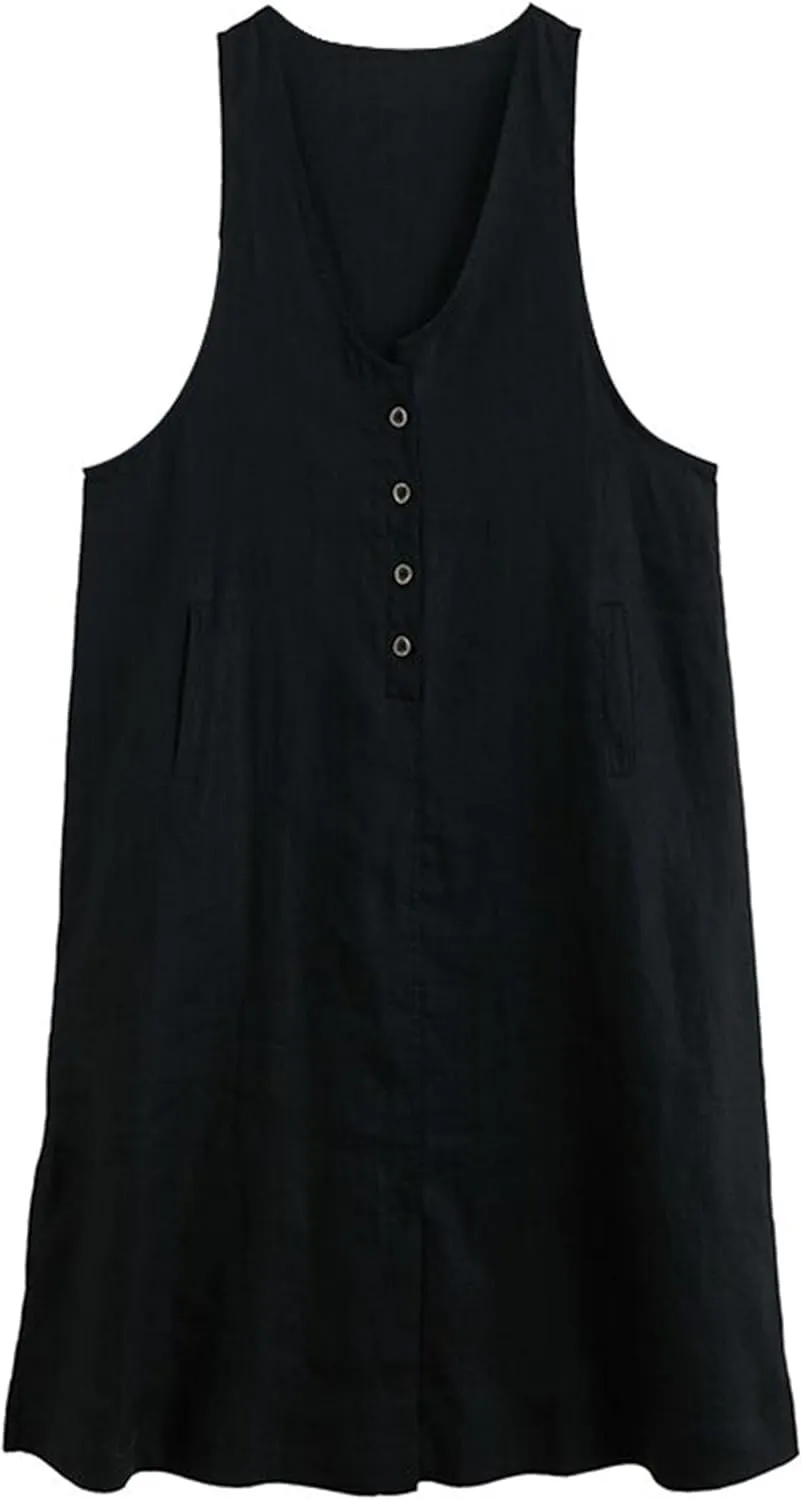 Women's Oversized Maxi Dress Sleeveless Loose Solid Color Cotton V-Neck Tank Dresses with Pockets