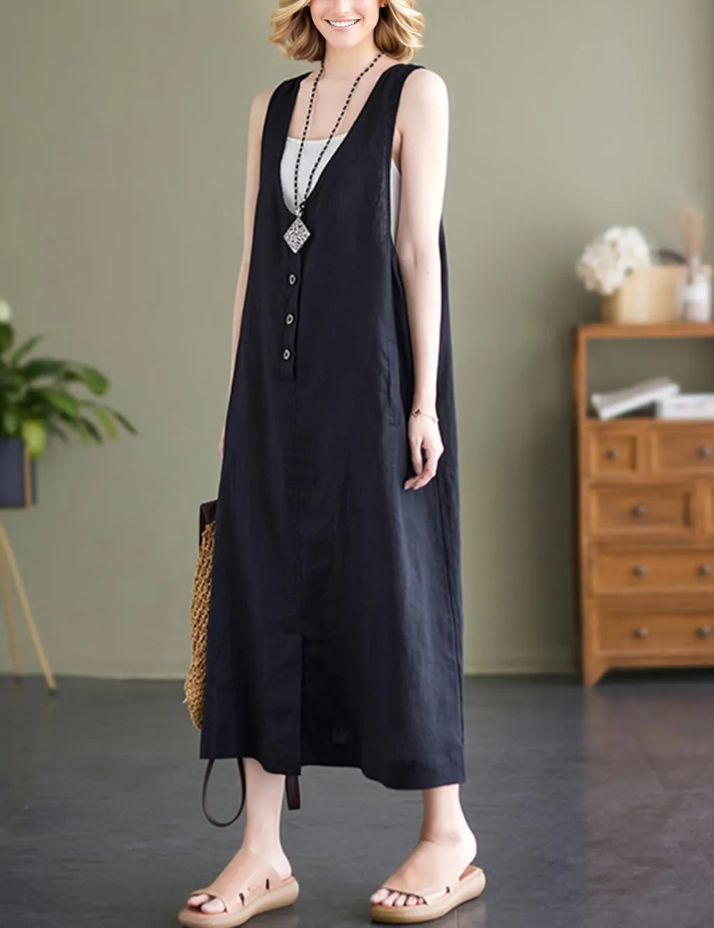 Women's Oversized Maxi Dress Sleeveless Loose Solid Color Cotton V-Neck Tank Dresses with Pockets