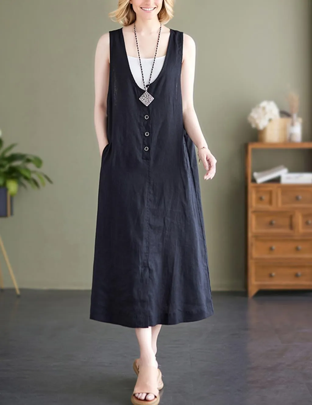 Women's Oversized Maxi Dress Sleeveless Loose Solid Color Cotton V-Neck Tank Dresses with Pockets