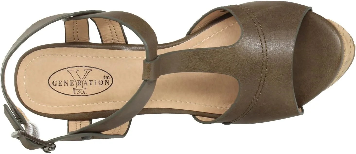 Womens Platform Sandals Open Toe Cork Wrapped T-Strap Wedges