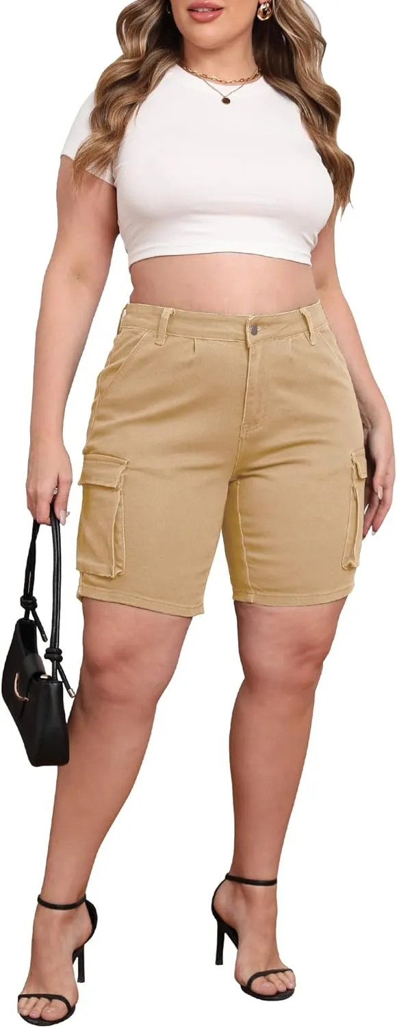 Womens Plus Size Jean Shorts Stretchy Cargo Bermuda Shorts High Waisted Y2k Denim Shorts