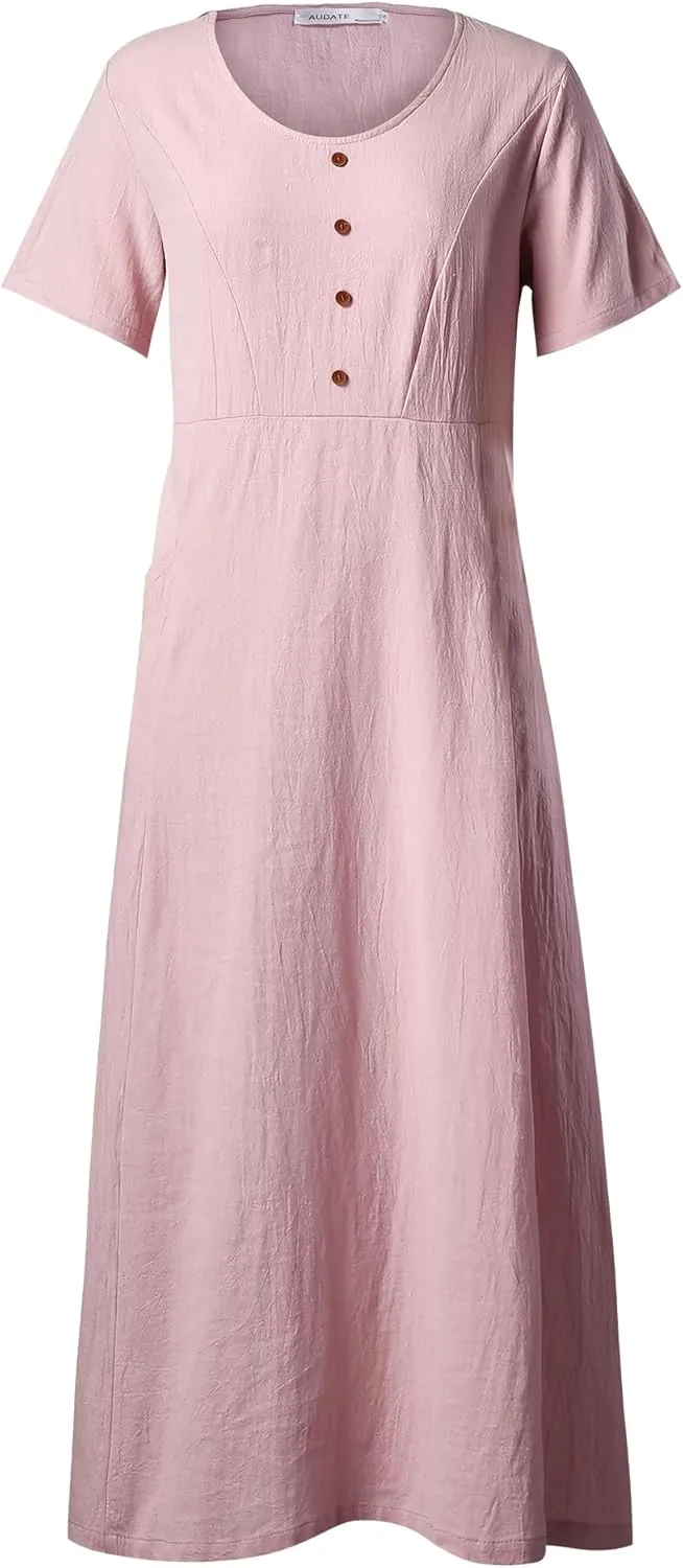 Women's Plus Size Short Sleeve Casual Cotton Linen Long Dress Crew Neck Button Summer Beach Maxi Dress