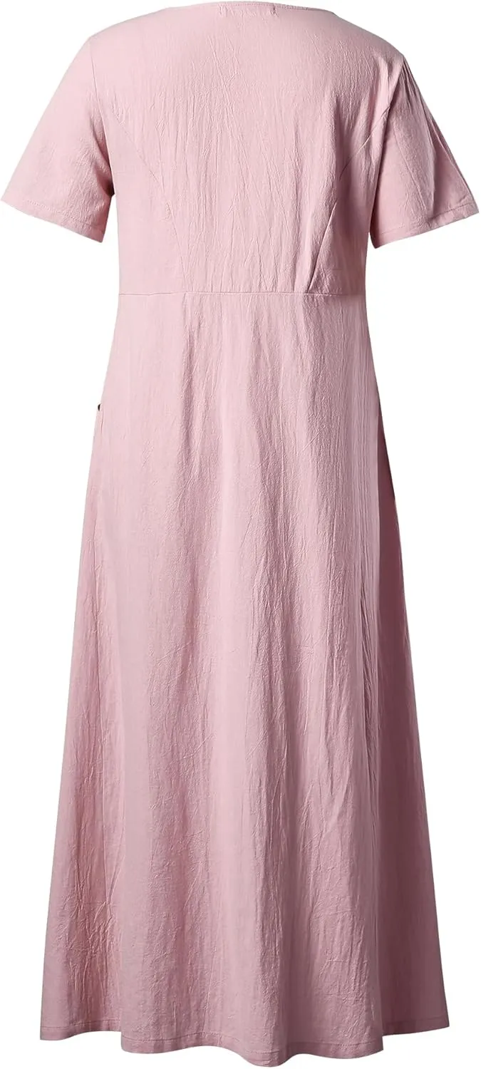 Women's Plus Size Short Sleeve Casual Cotton Linen Long Dress Crew Neck Button Summer Beach Maxi Dress