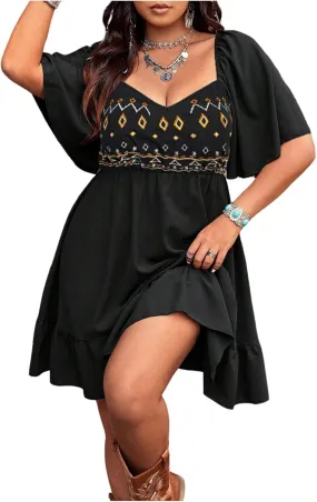 Women's Plus Size Western Dress Floral Embroidered Cowgirl Dresses Country Mini Summer Dress